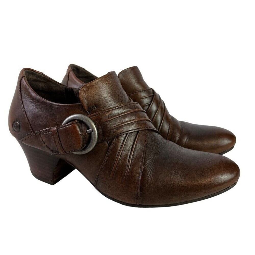 Born Nova Womens Brown Chunky Heel Comfort Shoes Booties Side Buckle Leather 6.5